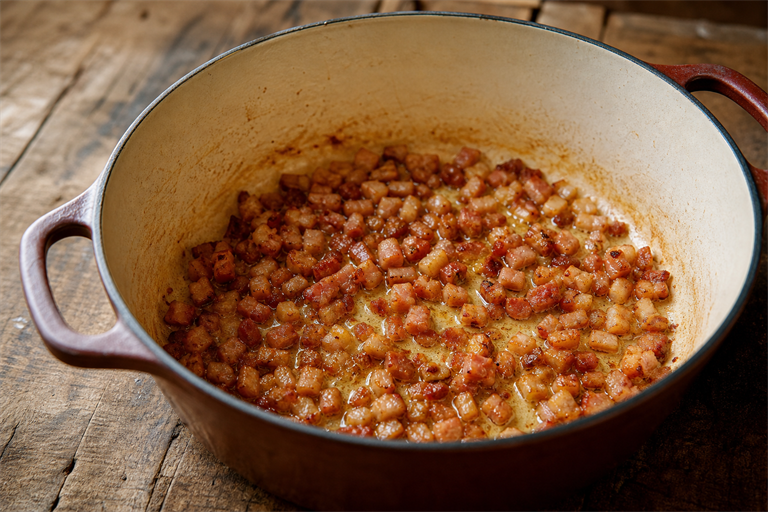 Step 2: diced lardons rendering and turning golden in a heavy enamel Dutch oven with fat