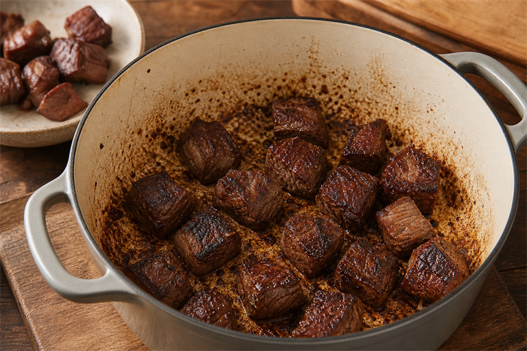 Step 3: cubes of beef chuck searing in an enamel Dutch oven with deep mahogany crust for