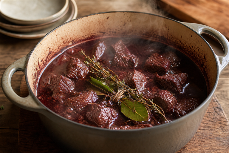 Step 5: beef cubes braising in deep red wine liquid that reaches two-thirds up the meat