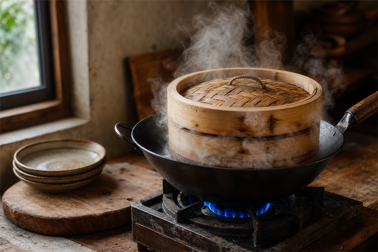 Step 1: a carbon steel wok with a bamboo steamer on a high blue flame, steam pouring out