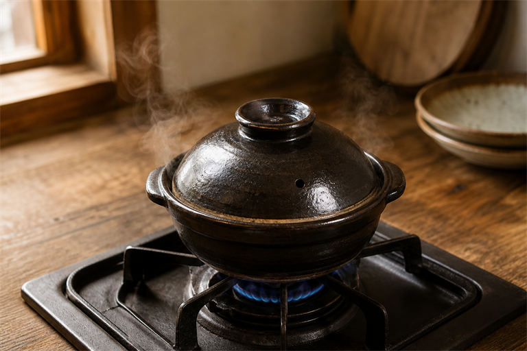 Step 1: a small iga donabe on a gas burner with the lid on, faint steam beginning to ris
