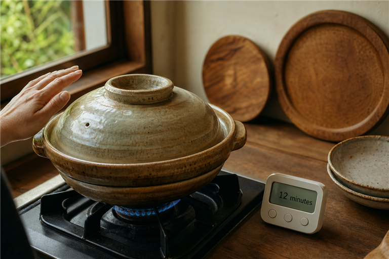 Step 3: a hand near a covered donabe on low flame, listening, with a kitchen timer readi