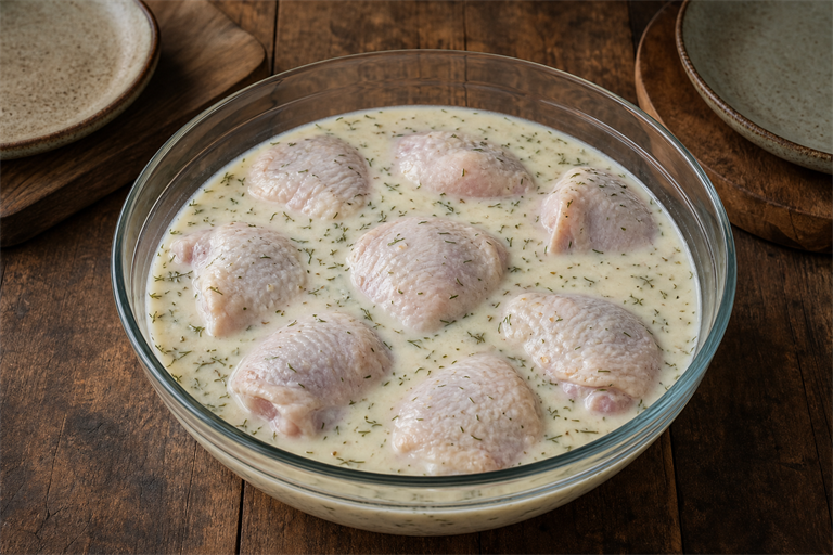 Step 1: eight pieces of raw chicken submerged in pale buttermilk and pickle brine in a g