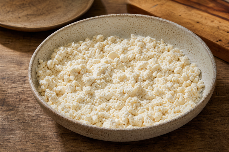 Step 4: a wide bowl of seasoned flour and cornstarch dredge with small shaggy clumps the