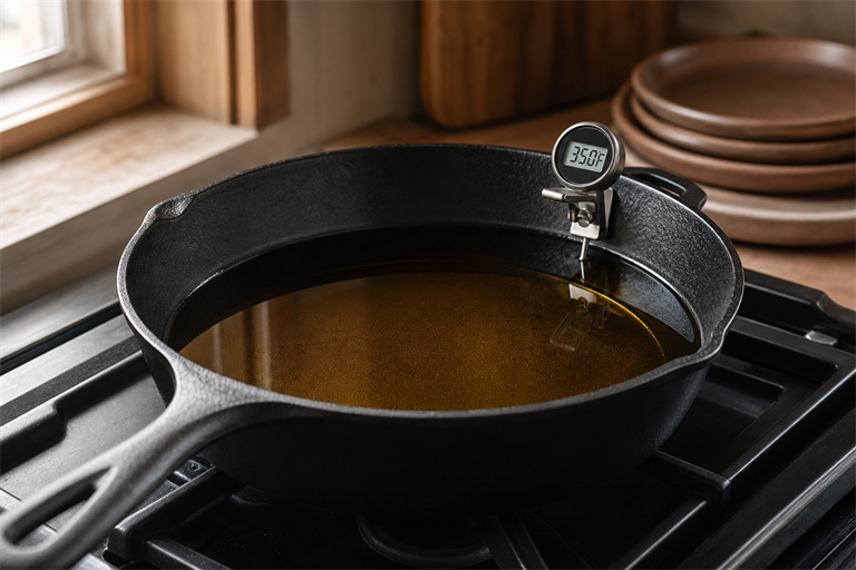 Step 6: a black cast iron skillet of clear amber peanut oil with a clip-on thermometer r