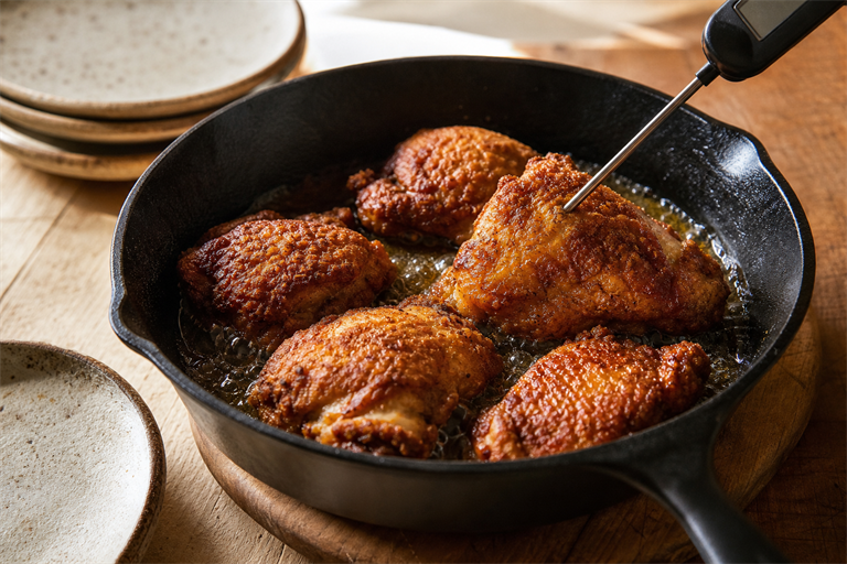 Step 8: golden mahogany fried chicken pieces in a cast iron skillet, an instant-read the