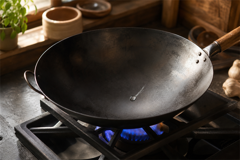 Step 1: an empty black carbon steel wok glowing faintly over a high blue gas flame, a si