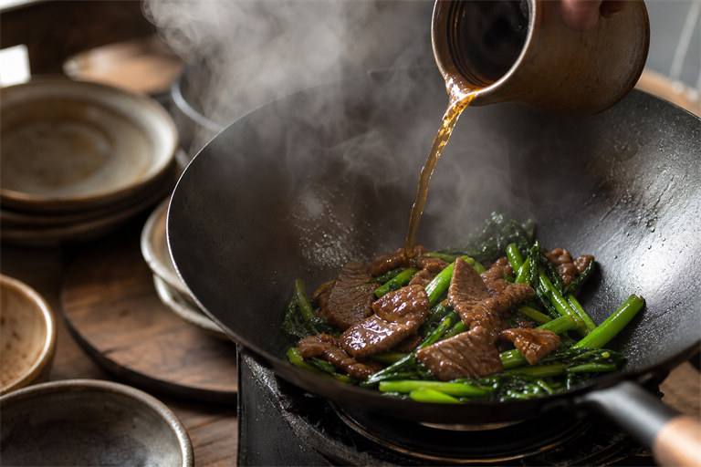 Step 4: Shaoxing wine being poured down the hot inner wall of a smoking carbon steel wok