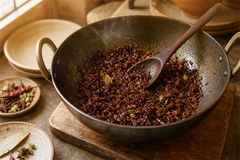 Step 2: finely chopped onions fried to a deep mahogany brown in ghee with whole spices v