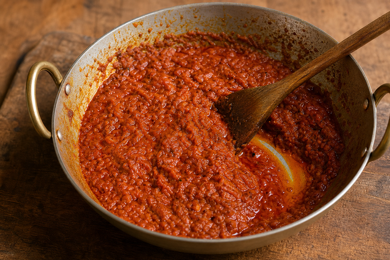 Step 5: thick brick-red onion tomato masala in a kadhai with a visible slick of orange-r