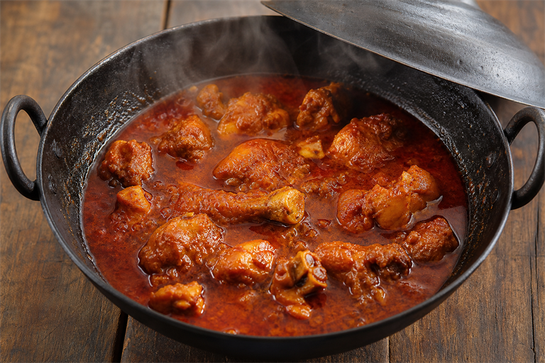 Step 7: bone-in chicken pieces simmering in a glossy dark red Punjabi curry inside a bla