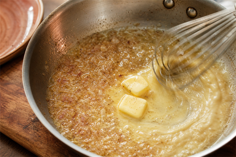 Step 4: two cubes of cold butter melting into a reduction of shallots and wine, whisk in