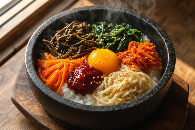 Step 10: a hot stone bibimbap bowl filled with white rice and five colourful banchan arra
