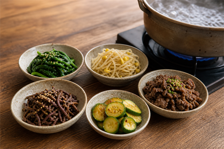 Step 2: five small ceramic bowls of prepared Korean banchan — spinach, soybean sprouts,
