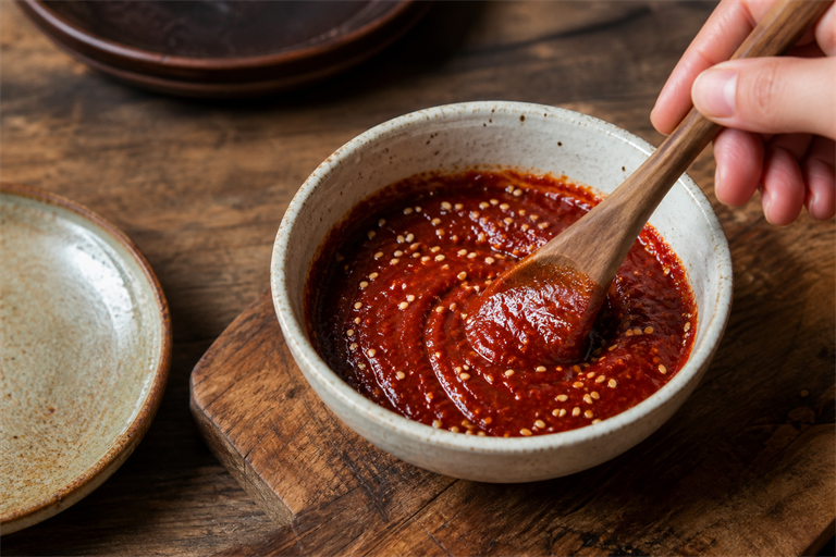 Step 8: a small ceramic bowl of glossy red gochujang sauce being whisked with a wooden s