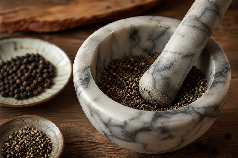 Step 1: freshly toasted black peppercorns being coarsely crushed in a marble mortar and 