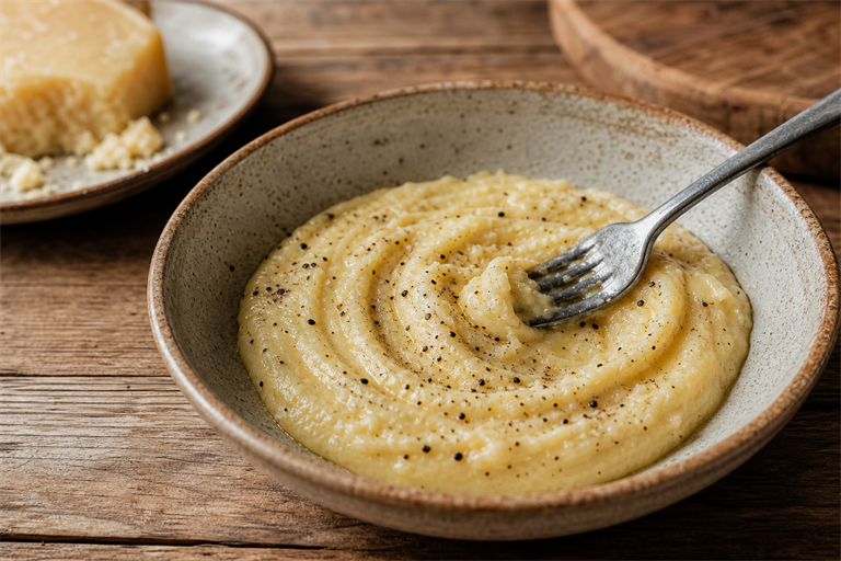 Step 3: a wide ceramic bowl holding a thick pale yellow pecorino paste being stirred wit