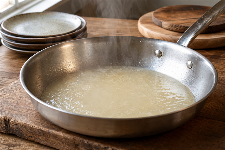 Step 5: starchy pasta water reducing in a wide stainless skillet, gentle steam rising, t