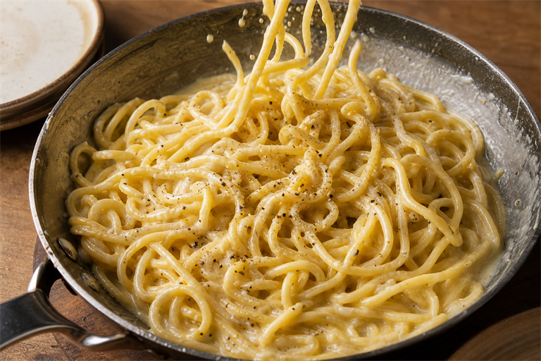 Step 7: tonnarelli being tossed in a wide skillet with glossy silky pecorino sauce coati