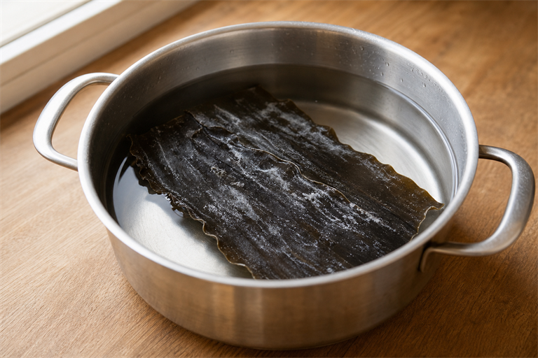Step 2: a piece of dried Rishiri konbu soaking in cold water inside a stainless pot on a