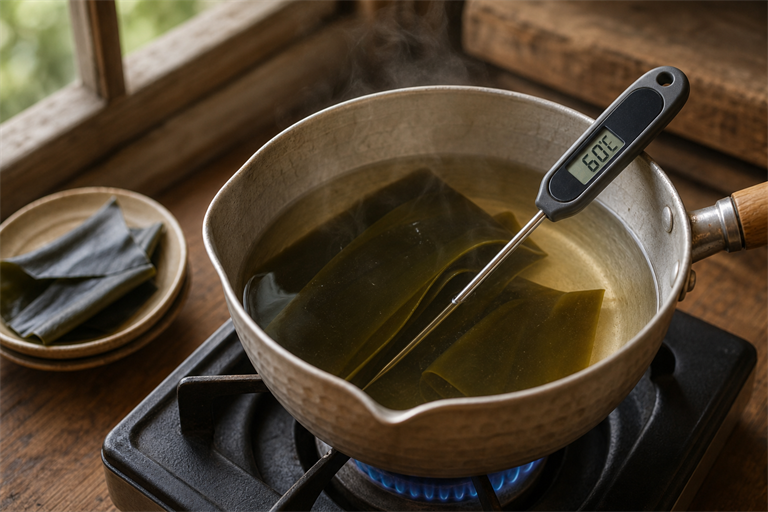 Step 3: an instant-read thermometer showing 60C dipped into a pale konbu soaking pot on 