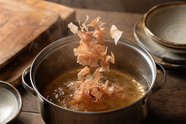 Step 6: a generous handful of katsuobushi shavings sinking into hot water in a stainless