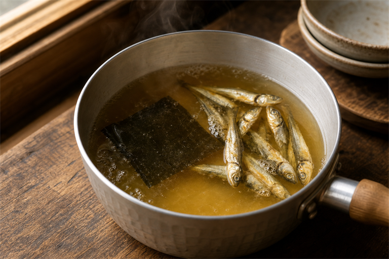 Step 1: a small saucepan of pale gold anchovy and kelp stock simmering with whole dried