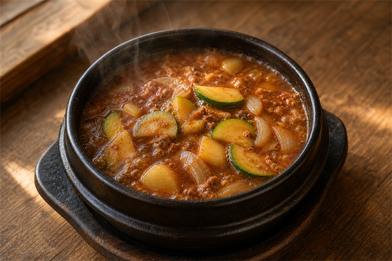 Step 5: a black ttukbaegi clay pot with a deep brown bubbling stew, half-moon slices of