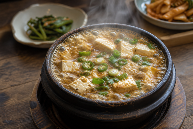Step 6: a black ttukbaegi clay pot of doenjang jjigae at a rolling boil with white soft