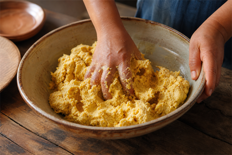 Step 2: a wide ceramic bowl with shaggy yellow masa dough being mixed by hand, warm side
