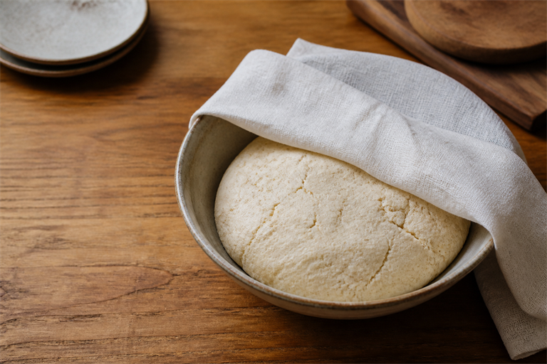 Step 4: a bowl of smooth masa dough covered with a damp white linen towel resting on a w