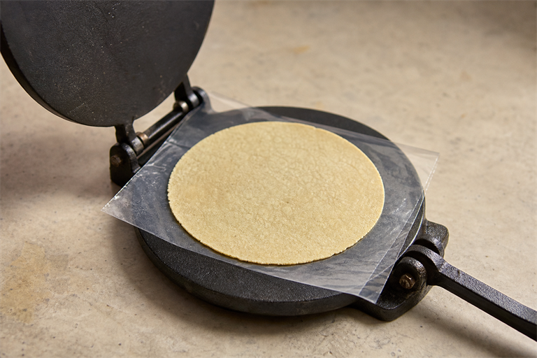 Step 7: a freshly pressed thin corn tortilla on a square of clear plastic resting on a c