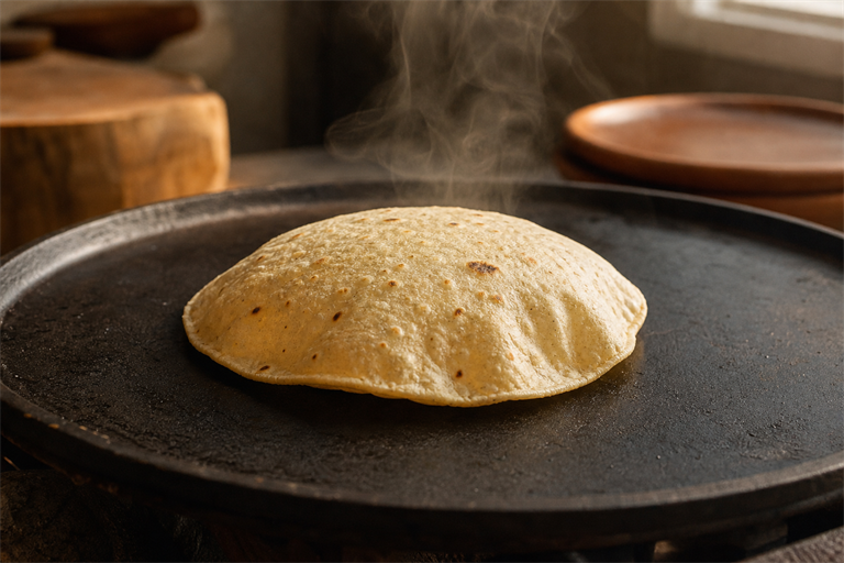 Step 9: a corn tortilla puffing up dramatically on a hot black cast iron comal, visible