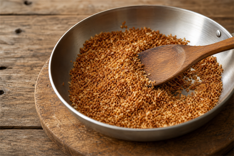 Step 1: desiccated coconut toasting to deep golden brown in a dry steel pan, a wooden sp