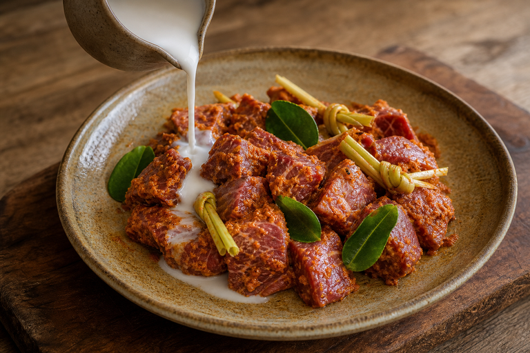 Step 3: cubes of raw beef chuck coated in red-orange spice paste, lemongrass knots and l