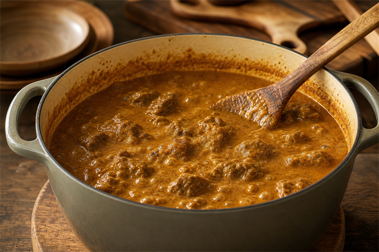 Step 4: beef simmering in a thick golden-brown coconut gravy in an enamel Dutch oven, la
