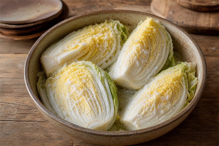 Step 2: napa cabbage quarters lying cut-side up in a wide ceramic bowl, coarse sea salt