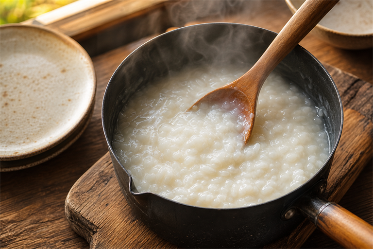 Step 4: a small saucepan with thick translucent sweet rice porridge being stirred with a
