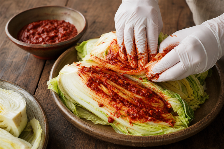 Step 7: gloved hands smearing red kimchi paste between the leaves of a quartered napa ca