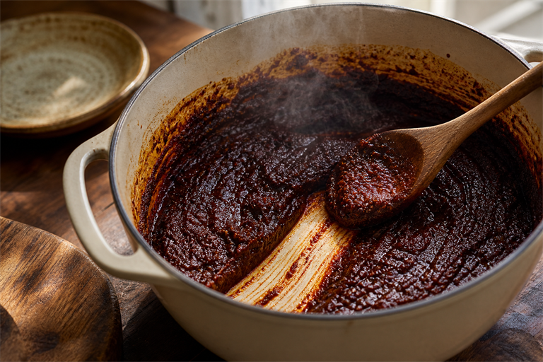 Step 8: deep mahogany chile paste being fried in a heavy enamel pot a wooden spoon leavi