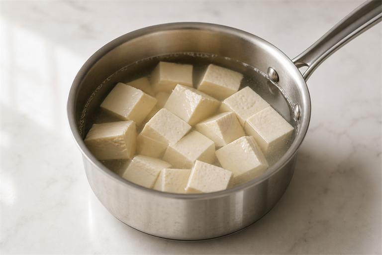 Step 1: silken tofu cubes resting in salted warm water in a small stainless pot, soft si