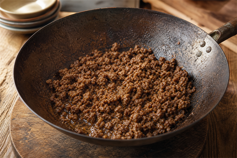Step 3: ground beef in a carbon steel wok turning rust-brown, glossy rendered fat poolin