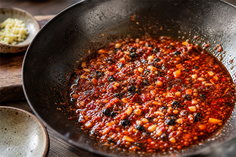 Step 5: brick-red chili oil bloom with doubanjiang, douchi, garlic and ginger frying in 