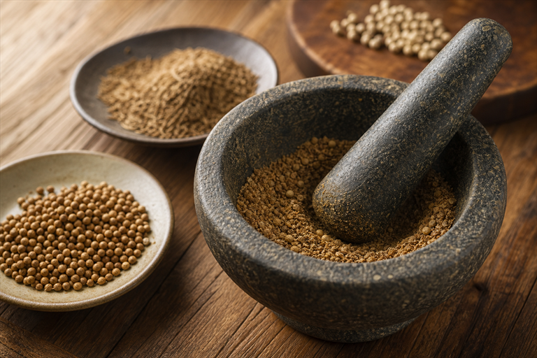 Step 1: toasted coriander and cumin seeds with white peppercorns being pounded to a fine