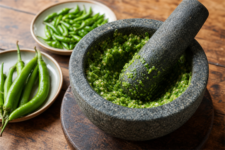 Step 4: bright green bird's eye and long green chillies being pounded into a coarse gree