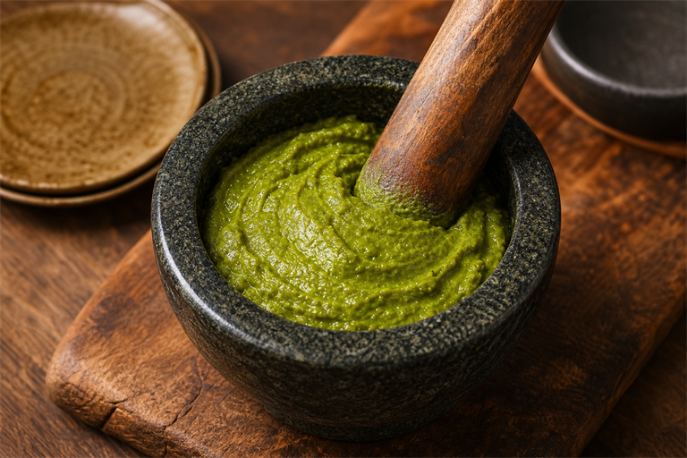 Step 6: finished glossy bright green thai curry paste in a granite mortar with a wooden