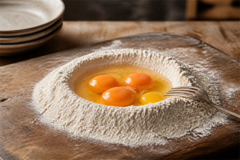 Step 1: a flour well on a worn wooden board with whole eggs and one extra yolk inside, a