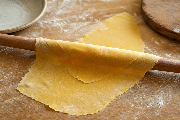 Step 5: a thin amber sheet of fresh egg pasta partially wrapped around a long wooden mat