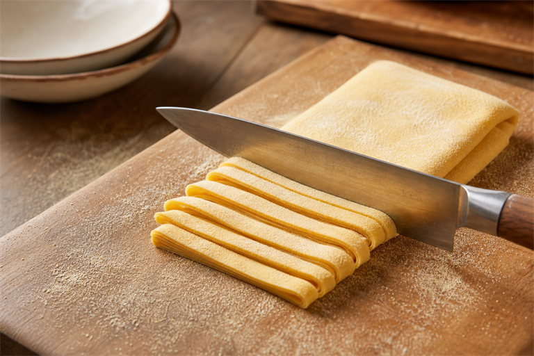 Step 7: a folded sheet of fresh pasta dusted with semola on a wooden board, a sharp knif