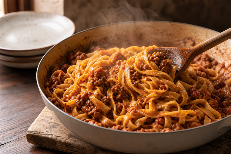 Step 9: fresh tagliatelle being tossed in a wide pan of ragù alla bolognese with a woode